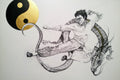Illustration of a person riding a dragon with a yin-yang symbol in the background