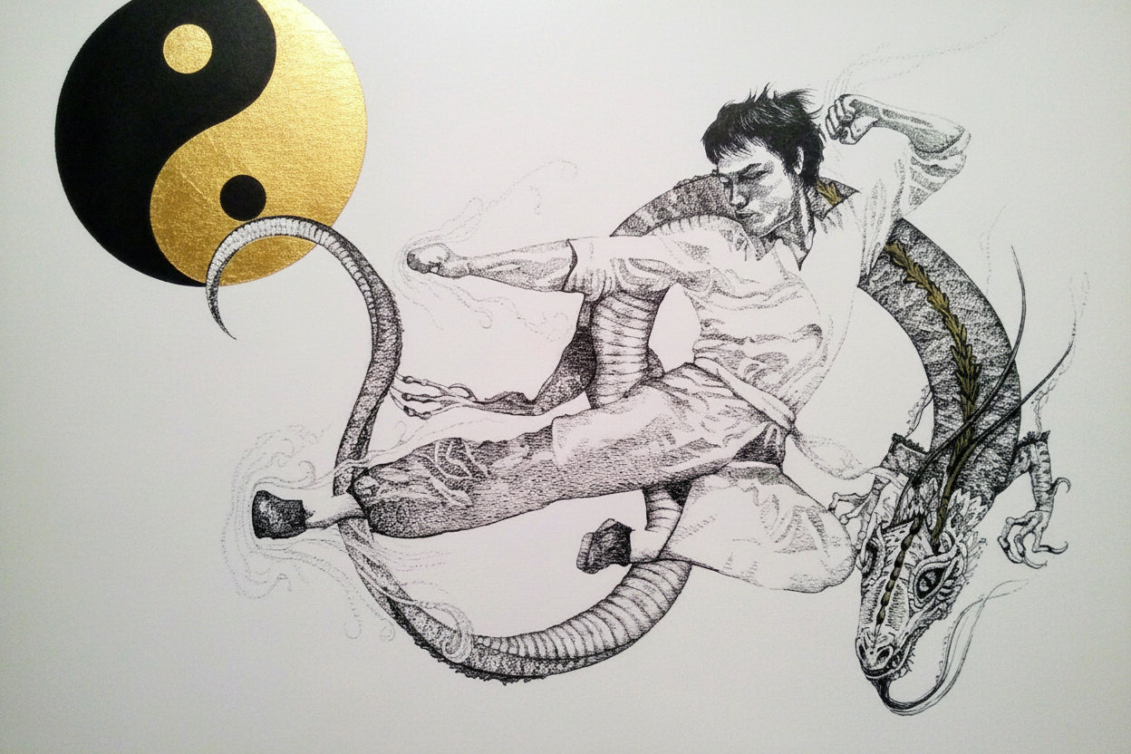 Illustration of a person riding a dragon with a yin-yang symbol in the background